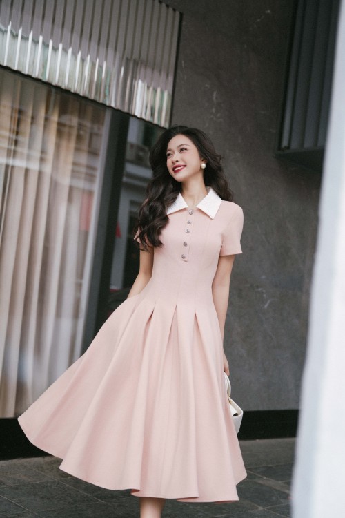 Sixdo Orangish-beige Woven Flared Dress